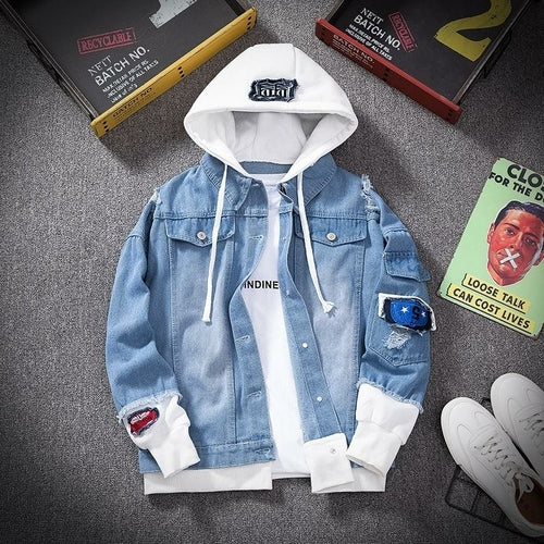 E-BAIHUI Men Denim Jacket Streetwear Hip Hop Hooded Jean Jackets Male