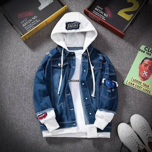 E-BAIHUI Men Denim Jacket Streetwear Hip Hop Hooded Jean Jackets Male